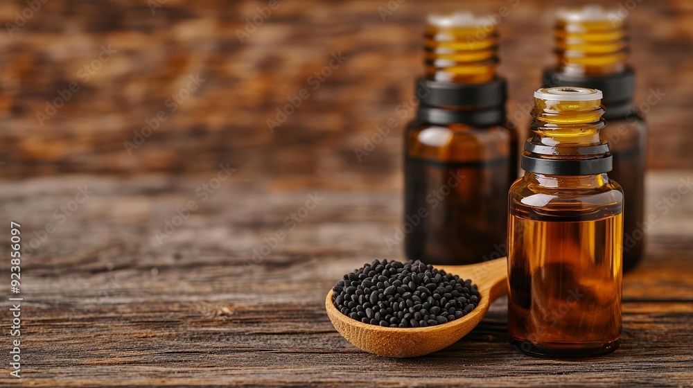 Glass bottle of black cumin essential oil with seeds in a wooden spoon Glass bottle of black cumin essential oil with seeds in a wooden spoon