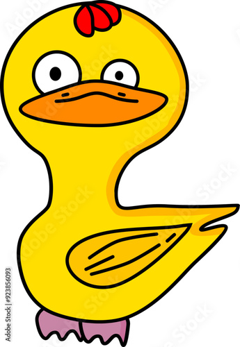 The image features a funny cartoon character in the form of a yellow duck with large eyes, a wide orange beak, and a red comb on its head. The duck has a simplified design and stands on its back legs.