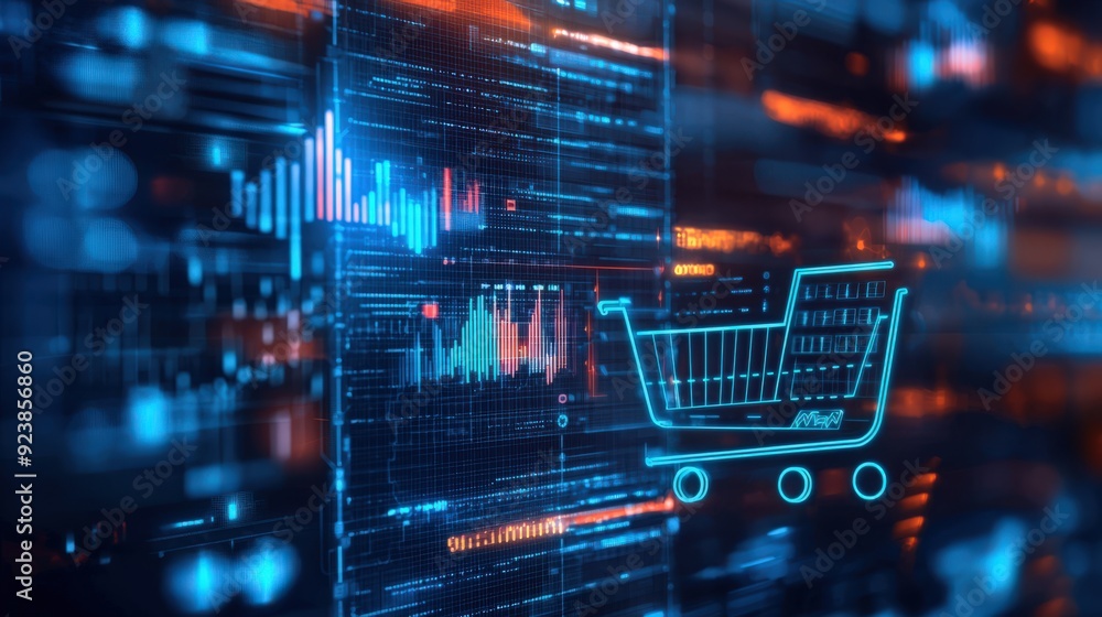 A computer screen shows a shopping cart with a blue and orange background A computer screen shows a shopping cart with a blue and orange background