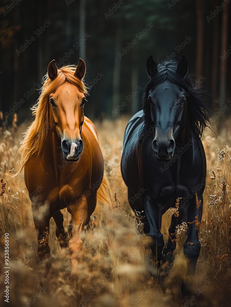 Two horses running through the woods Two horses running through the woods