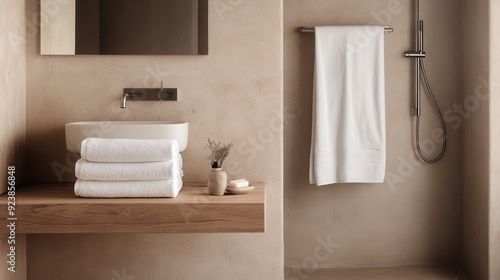 A minimalist bathroom featuring beige tones, a modern sink with stacked towels, and an elegant shower area, highlighting simplicity and cleanliness. photo