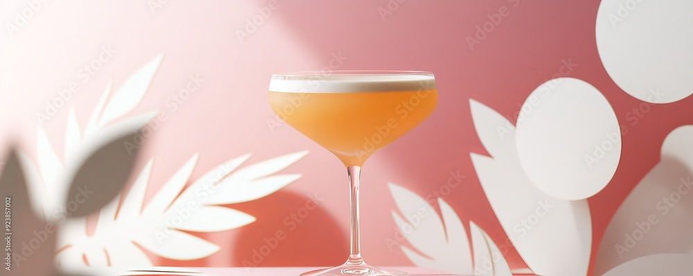 Elegant peach-colored cocktail in a sophisticated glass with pink floral background Elegant peach-colored cocktail in a sophisticated glass with pink floral background