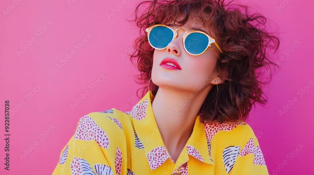 A young woman with curly brown hair wearing blue sunglasses and a yellow shirt with pink and white polka dots on a pink background. A young woman with curly brown hair wearing blue sunglasses and a yellow shirt with pink and white polka dots on a pink background.