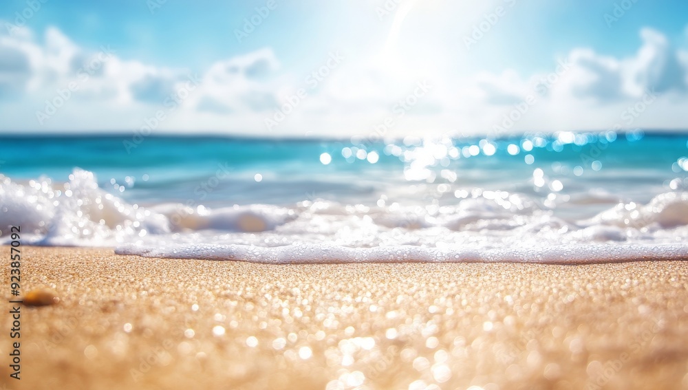 Tranquil Beach with Golden Sand and Sparkling Blue Ocean Under a Sunny Sky Tranquil Beach with Golden Sand and Sparkling Blue Ocean Under a Sunny Sky