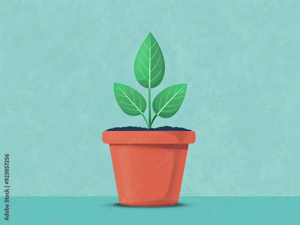 Fototapeta premium A small plant in a terracotta pot against a blue background.