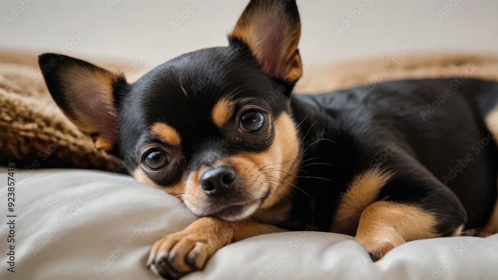 Black and tan smooth coat chihuahua dog lying on bed in the bedroom Black and tan smooth coat chihuahua dog lying on bed in the bedroom