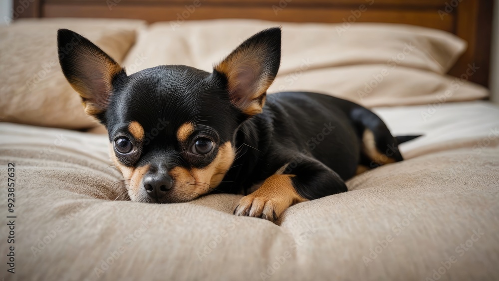 Black and tan smooth coat chihuahua dog lying on bed in the bedroom Black and tan smooth coat chihuahua dog lying on bed in the bedroom