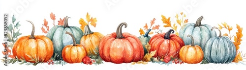 A charming watercolor illustration featuring a variety of orange and blue pumpkins surrounded by autumn leaves, arranged as a border design.