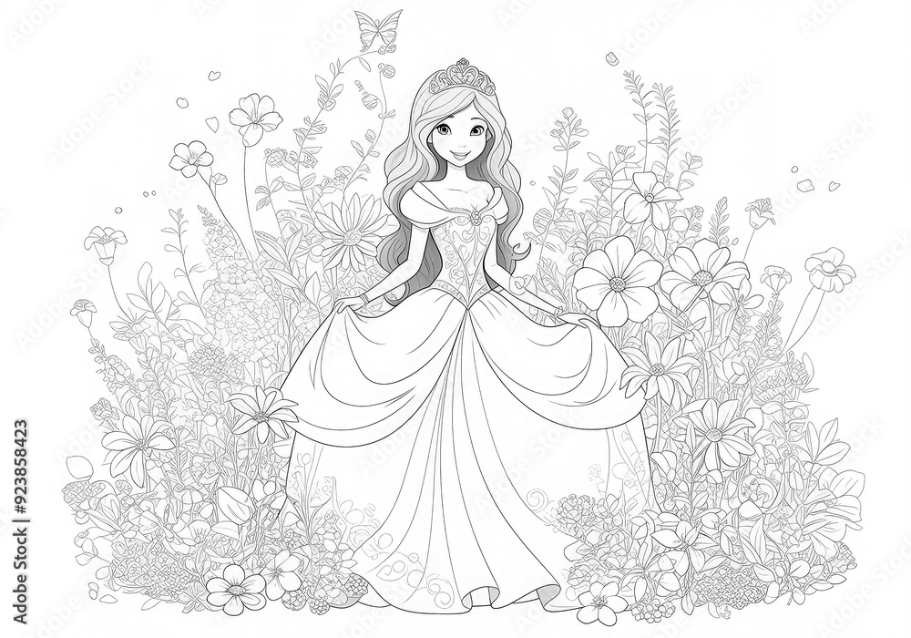Black and white coloring page of cartoon princess with lots of flowers, outline digital illustration and pencil drawing for kids and adult. Black and white coloring page of cartoon princess with lots of flowers, outline digital illustration and pencil drawing for kids and adult.