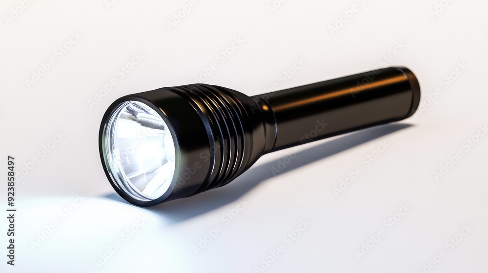 A black flashlight with a bright white light beam shining from its head, laying on a white surface. A black flashlight with a bright white light beam shining from its head, laying on a white surface.