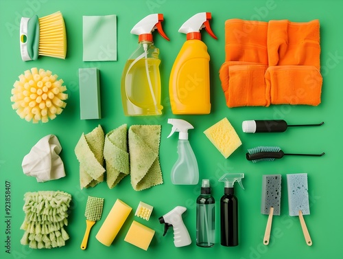 Assorted Household Cleaning Supplies Neatly Arranged on Vibrant Green Background in Flat Lay Composition photo