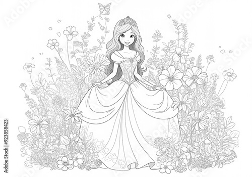 Black and white coloring page of cartoon princess with lots of flowers, outline digital illustration and pencil drawing for kids and adult.