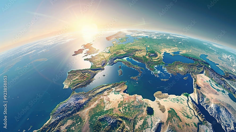 Physical map of Planet Earth, centered on the Mediterranean Sea. Satellite view of Southern Europe and North Africa with the sun shining on the horizon. 3D illustration. Physical map of Planet Earth, centered on the Mediterranean Sea. Satellite view of Southern Europe and North Africa with the sun shining on the horizon. 3D illustration.