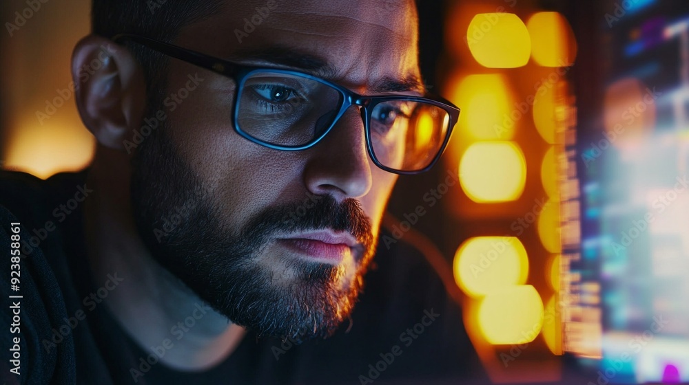 Focused man working on computer with intense concentration. The lighting is moody and cinematic, suggesting a late-night work session. Ideal for tech, coding, and focus-themed content. AI Focused man working on computer with intense concentration. The lighting is moody and cinematic, suggesting a late-night work session. Ideal for tech, coding, and focus-themed content. AI