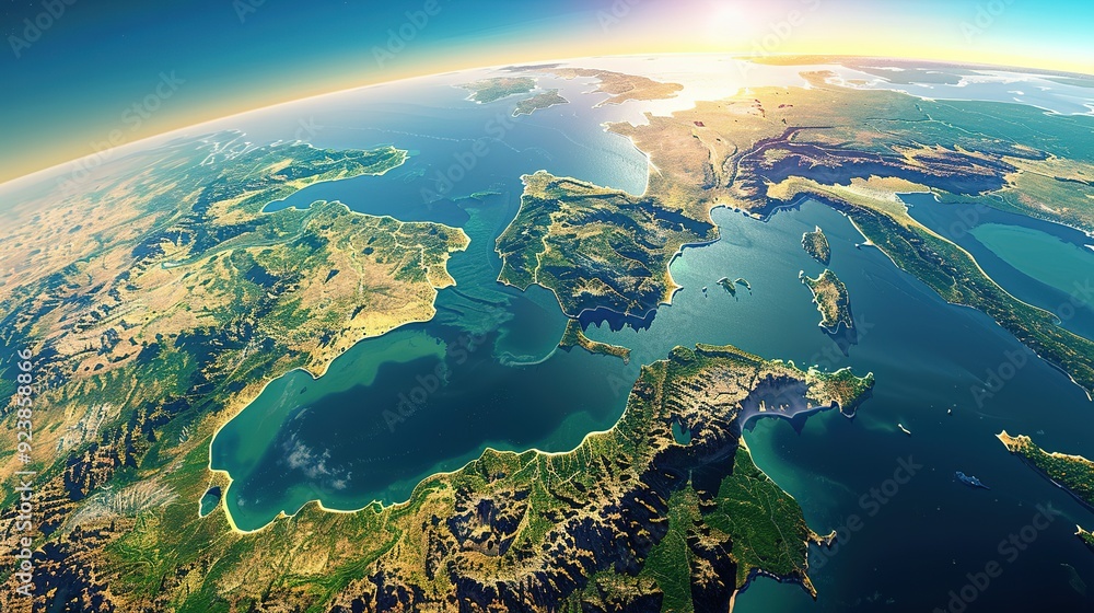 Physical map of Planet Earth, centered on the Mediterranean Sea. Satellite view of Southern Europe and North Africa with the sun shining on the horizon. 3D illustration. Physical map of Planet Earth, centered on the Mediterranean Sea. Satellite view of Southern Europe and North Africa with the sun shining on the horizon. 3D illustration.