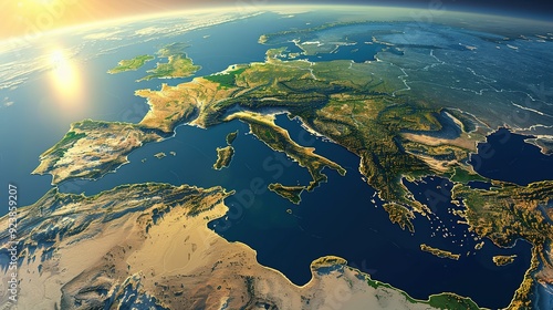 Physical map of Planet Earth, centered on the Mediterranean Sea. Satellite view of Southern Europe and North Africa with the sun shining on the horizon. 3D illustration.