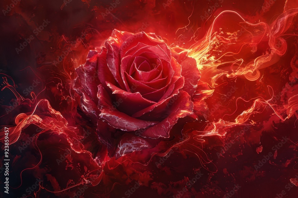 A Crimson Rose Engulfed in Fiery Abstract Swirls A Crimson Rose Engulfed in Fiery Abstract Swirls