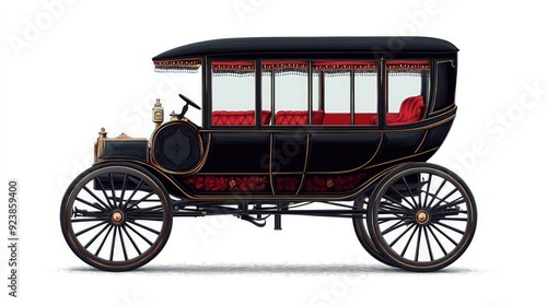 A black vintage carriage with red upholstery and gold accents, drawn in a detailed, cartoon style. photo