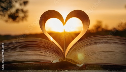 pages of an old  book with the shape of a heart  against the sunset. romantic background
