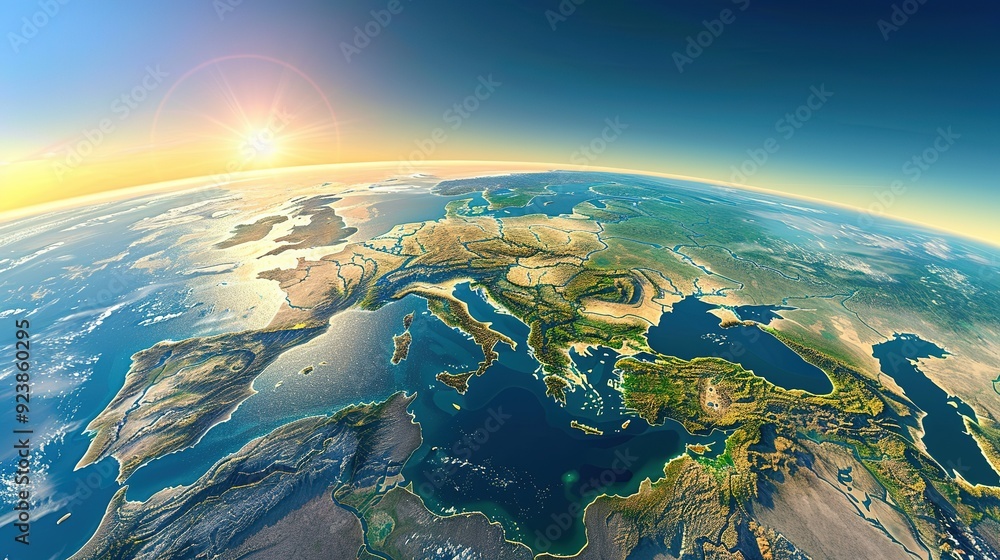 Physical map of Planet Earth, centered on the Mediterranean Sea. Satellite view of Southern Europe and North Africa with the sun shining on the horizon. 3D illustration. Physical map of Planet Earth, centered on the Mediterranean Sea. Satellite view of Southern Europe and North Africa with the sun shining on the horizon. 3D illustration.