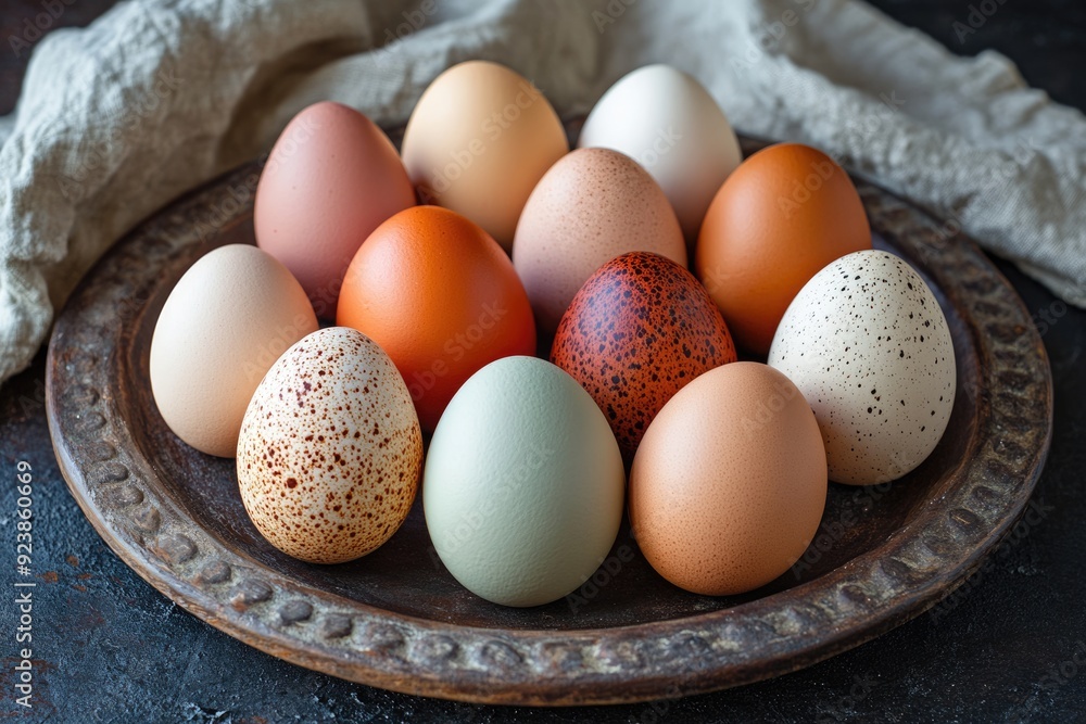 Various Chicken Group. Colorful Eggs from Diverse Chickens on Rustic Plate, Dark Background Various Chicken Group. Colorful Eggs from Diverse Chickens on Rustic Plate, Dark Background