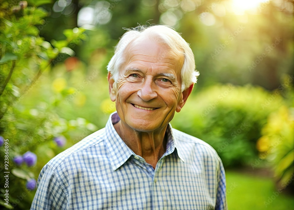 Elderly gentleman with gentle features and warm smile stands in lush green surroundings, gazing at the camera, exuding joy and contentment in his serene outdoor setting. Elderly gentleman with gentle features and warm smile stands in lush green surroundings, gazing at the camera, exuding joy and contentment in his serene outdoor setting.