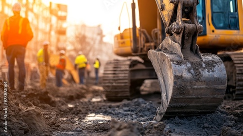 A group of construction workers are standing around a large yellow