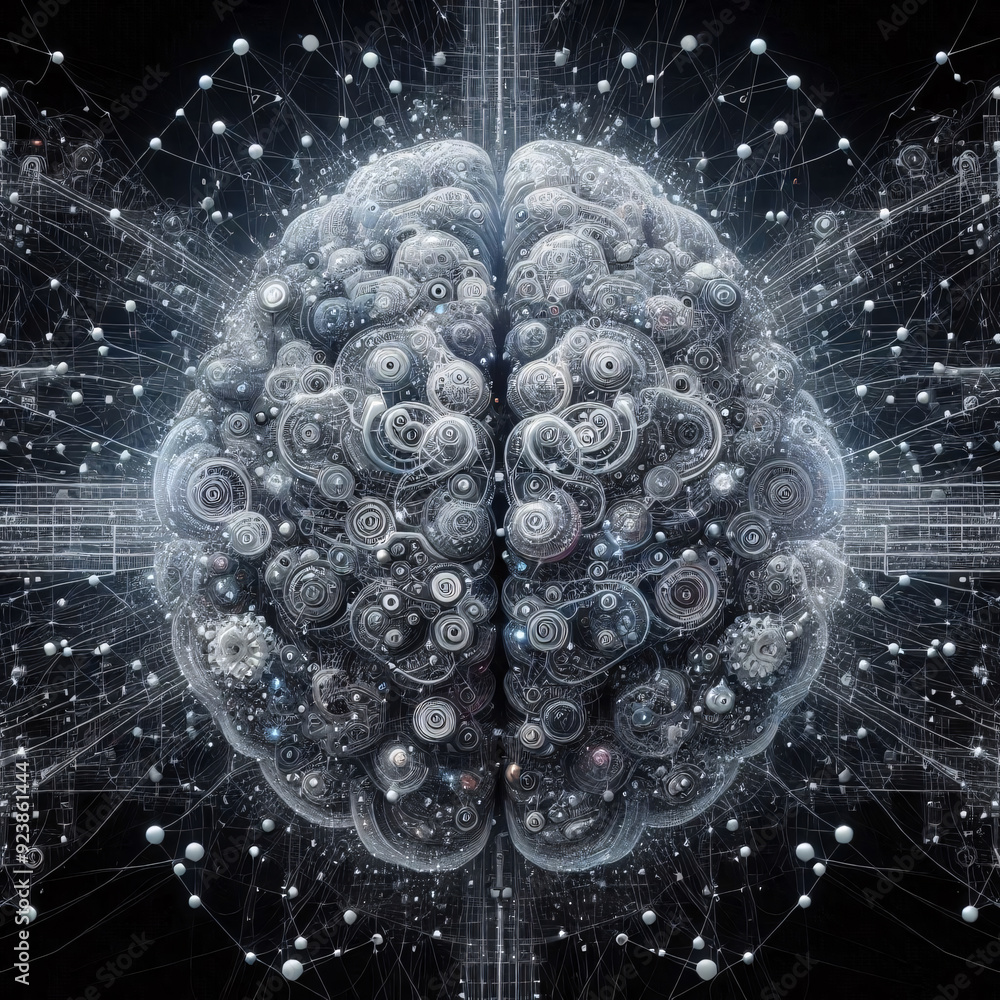 Obraz premium A digital brain intertwined with intricate circuits shines amidst a network of connections