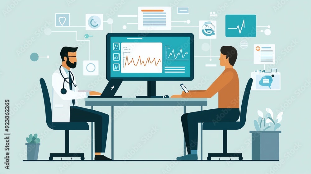 A doctor and patient consultation using technology for medical analysis and health monitoring. Remote patient monitoring concept. A doctor and patient consultation using technology for medical analysis and health monitoring. Remote patient monitoring concept.