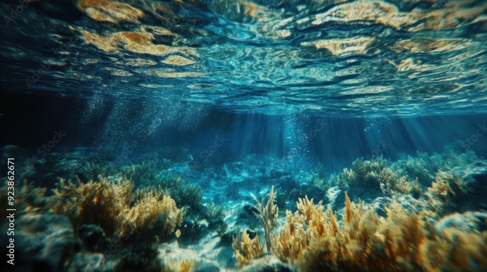 Obraz premium Underwater Coral Reef with Sunlight Rays