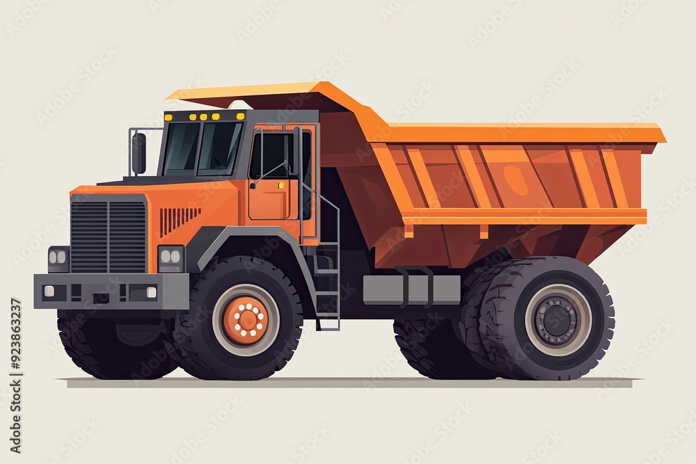 Dump truck in flat design illustrating its large bed and sturdy build in a simplified yet detailed construction environment Dump truck in flat design illustrating its large bed and sturdy build in a simplified yet detailed construction environment