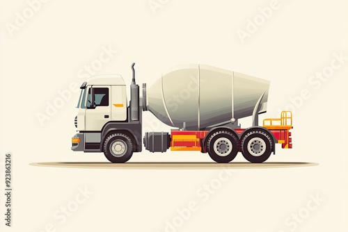 Concrete mixer truck depicted in flat design with a modern look and detailed elements emphasizing its role in construction