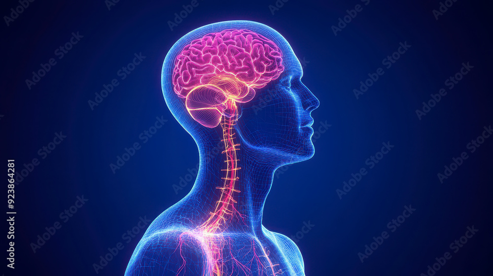 3d render of human head with brain on blue background, Illustration