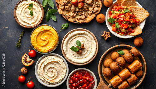 Assorted Middle Eastern and arabic dishes on a dark rustic background,border. Hummus,tabbouleh, salad Fattoush,pita,meat kebab,falafel,baklava,pomegranate. Halal food.Top view, flat lay, copy space 