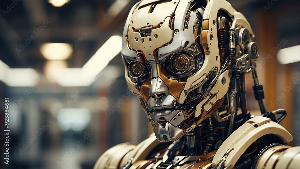 Cybernetic humanoid robot with intricate design in a modern workspace environment during daylight Cybernetic humanoid robot with intricate design in a modern workspace environment during daylight