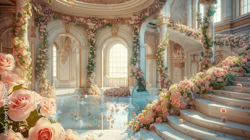 Marble white stairs with flower garlands, fantasy palace or heaven stone stair with floral decorations, fairytale princess castle interior, AI generated image