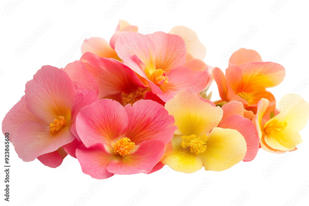 Vivid begonia flowers gracefully isolated on a transparent background, showcasing their colorful petals and lush green foliage in perfect clarity. Vivid begonia flowers gracefully isolated on a transparent background, showcasing their colorful petals and lush green foliage in perfect clarity.