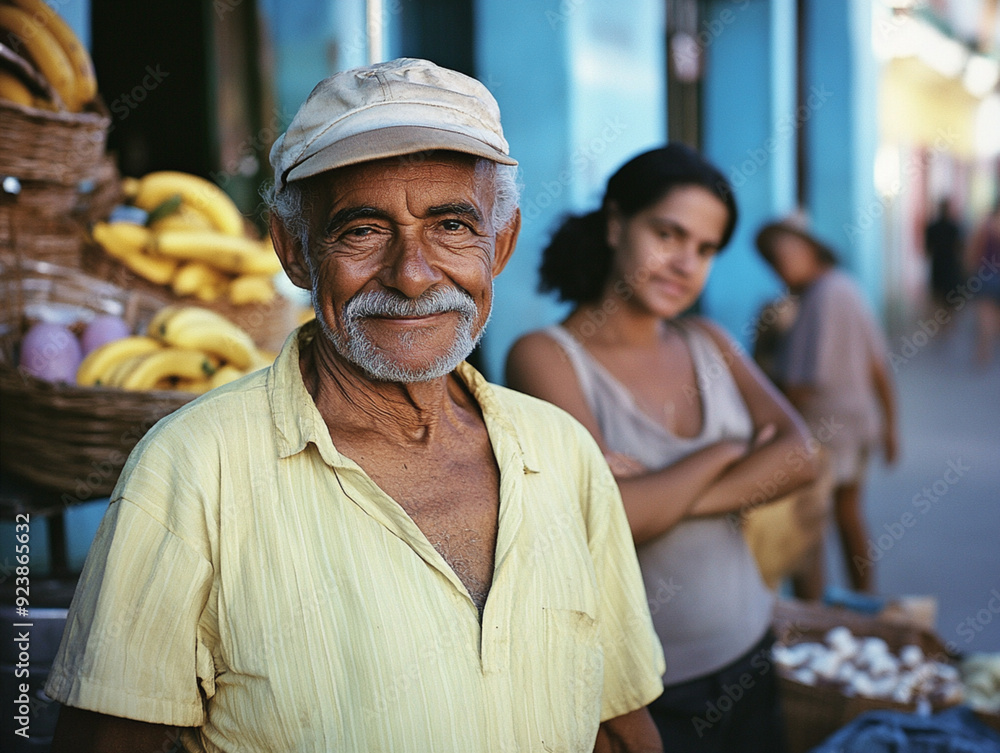 Obraz premium Cuban shopkeeper smiling with family at fruit stand