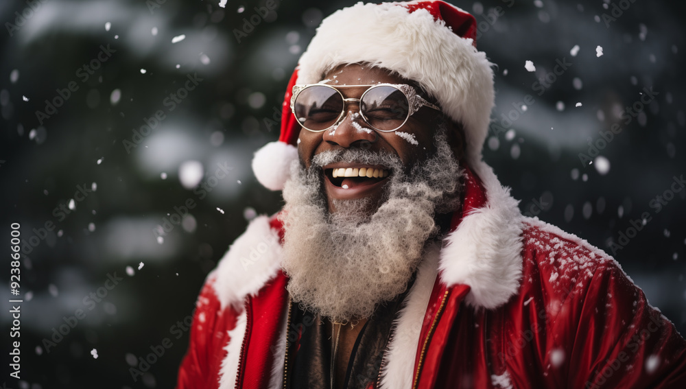 Black Santa Claus joyfully laughs as snow falls, wearing glasses and festive attire in a snowy setting Black Santa Claus joyfully laughs as snow falls, wearing glasses and festive attire in a snowy setting