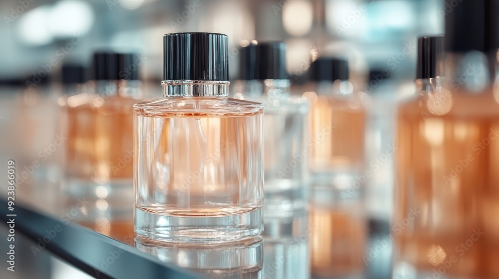 Stylish perfume bottles featuring sleek black caps, arranged on a reflecting shelf, capturing the essence of modern elegance and sophisticated design in the world of high-end fragrances. Stylish perfume bottles featuring sleek black caps, arranged on a reflecting shelf, capturing the essence of modern elegance and sophisticated design in the world of high-end fragrances.