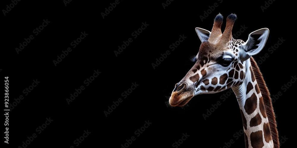 Obraz premium Photo of a giraffe isolated against a black background, emphasising the giraffe's majestic features. Wildlife and conservation concept, space for copy.