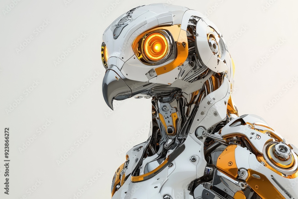 Fototapeta premium Futuristic robot with owl features, showcasing metallic design and bright orange accents against a neutral background.