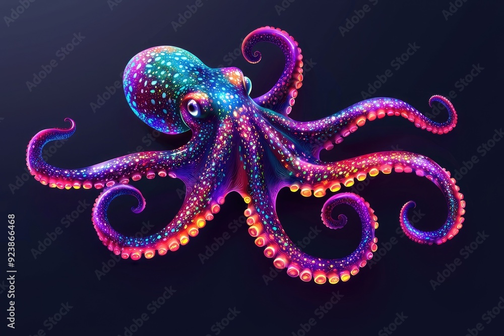 A vibrant and colorful illustration of an octopus showcasing intricate patterns and vivid hues against a dark background. A vibrant and colorful illustration of an octopus showcasing intricate patterns and vivid hues against a dark background.