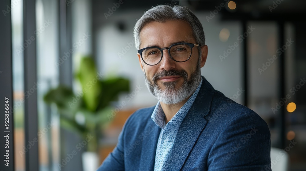 Enthusiastic middle-aged professional in a meeting room, sleek office decor Enthusiastic middle-aged professional in a meeting room, sleek office decor