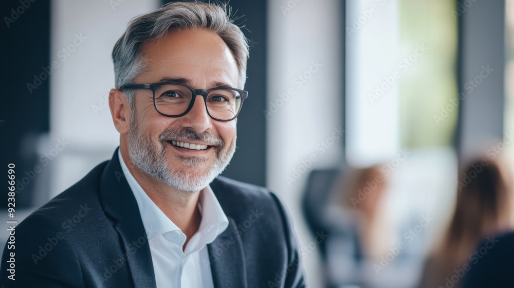 Enthusiastic middle-aged professional in a meeting room, sleek office decor Enthusiastic middle-aged professional in a meeting room, sleek office decor