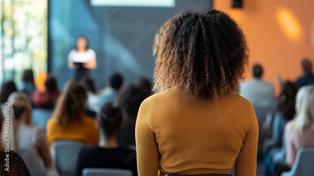 Rear angle of a diverse group of attendees in a conference room, paying attention to a speaker on stage against a modern backdrop Rear angle of a diverse group of attendees in a conference room, paying attention to a speaker on stage against a modern backdrop