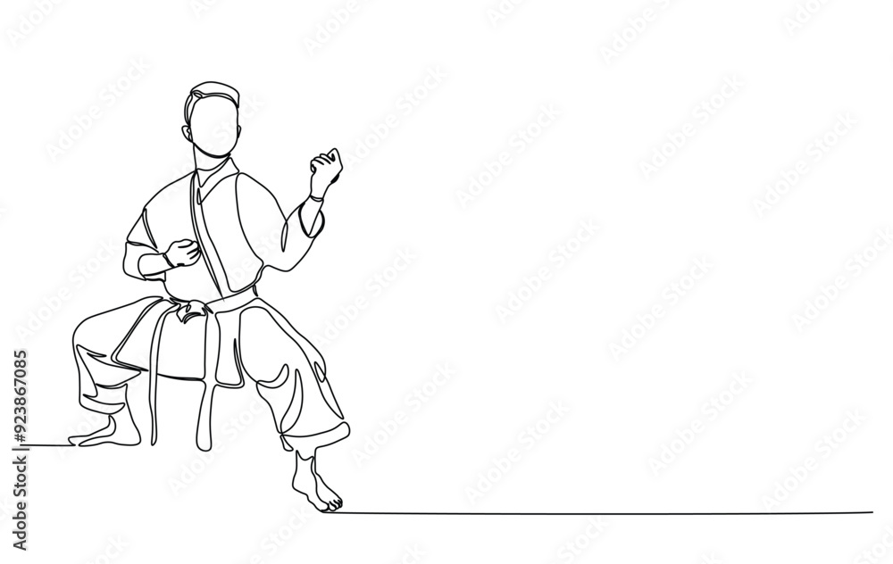 Obraz premium One continuous line drawing karateka fighter in kimono practicing karate kick combat. Karateka sport single line illustration.
