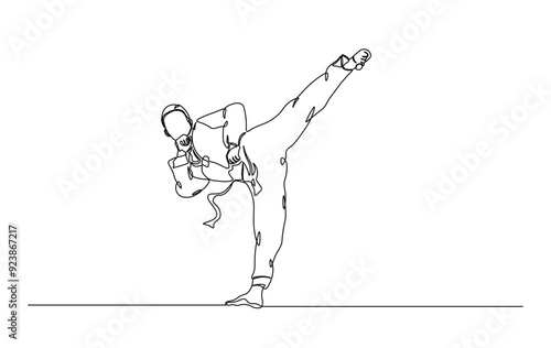 One continuous line drawing karateka fighter in kimono practicing karate kick combat. Karateka sport single line illustration.