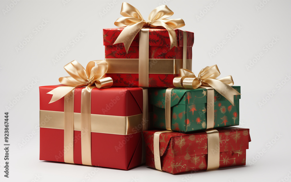 Festively wrapped Christmas gifts in red, green, and white with elegant ribbons Festively wrapped Christmas gifts in red, green, and white with elegant ribbons