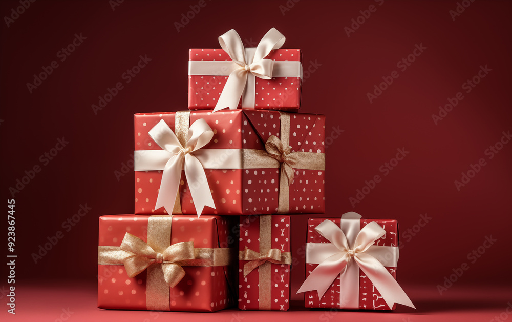 A pile of wrapped Christmas gift boxes with white ribbons on a clear background A pile of wrapped Christmas gift boxes with white ribbons on a clear background